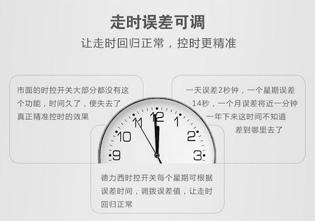 德力西KG316T時控開關走時更加準確并且會自動調(diào)整，可根據(jù)誤差時間調(diào)撥誤差值